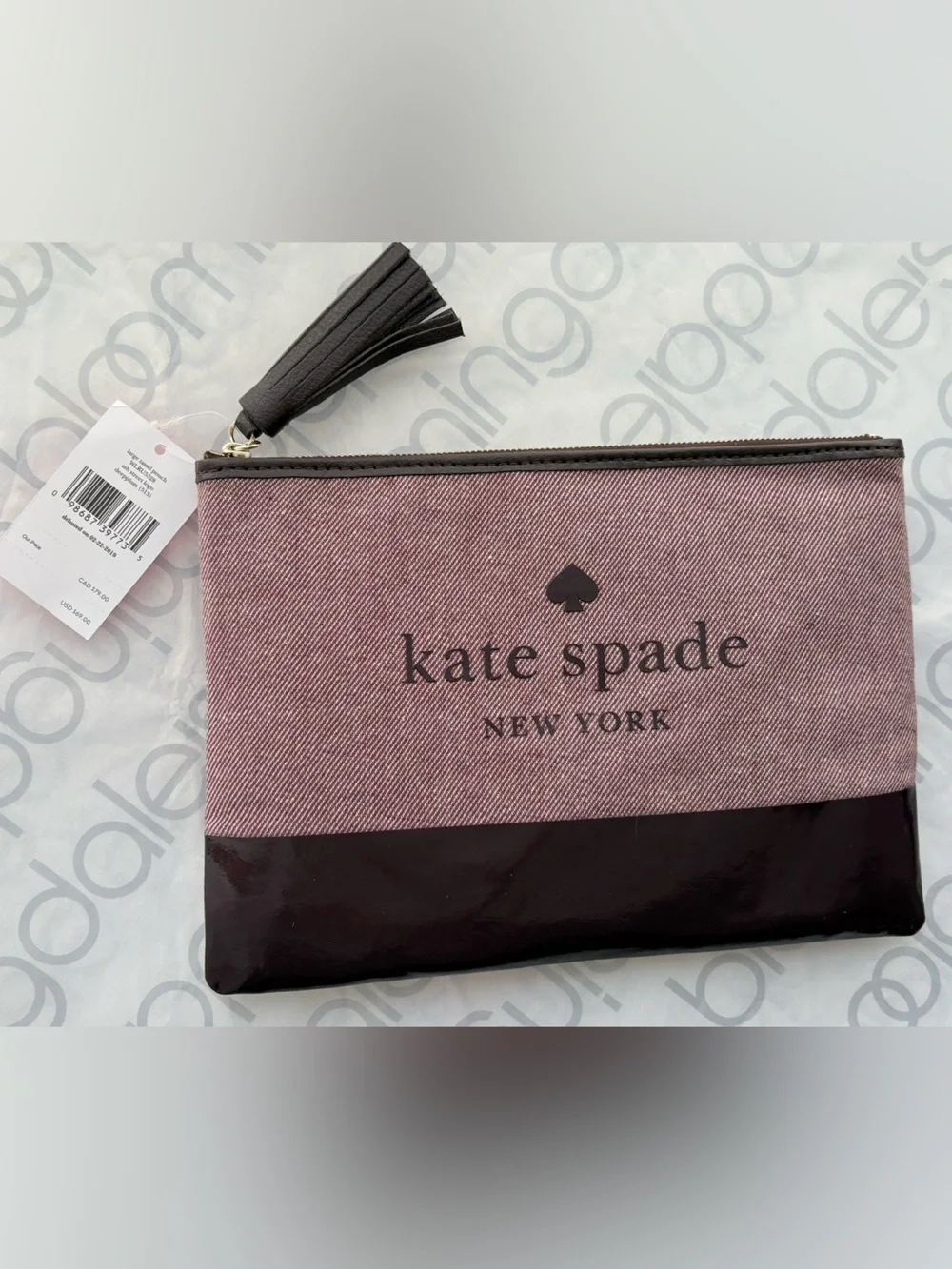 Pink and Brown Canvas Leather Zip Pouch Kate Spade Ash St. Logo Large Tassel